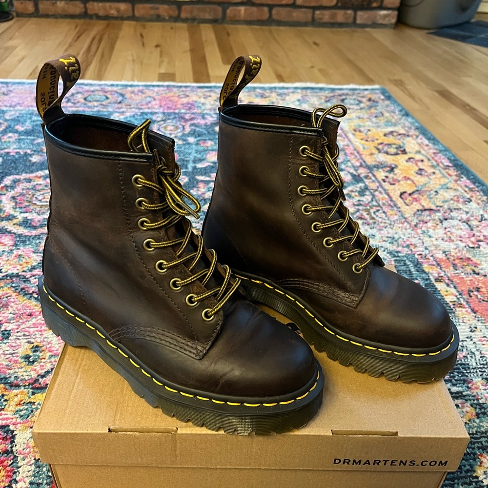 SOLD Dr. Martens 1460 Bex Dark Brown Leather Boots with Yellow Laces